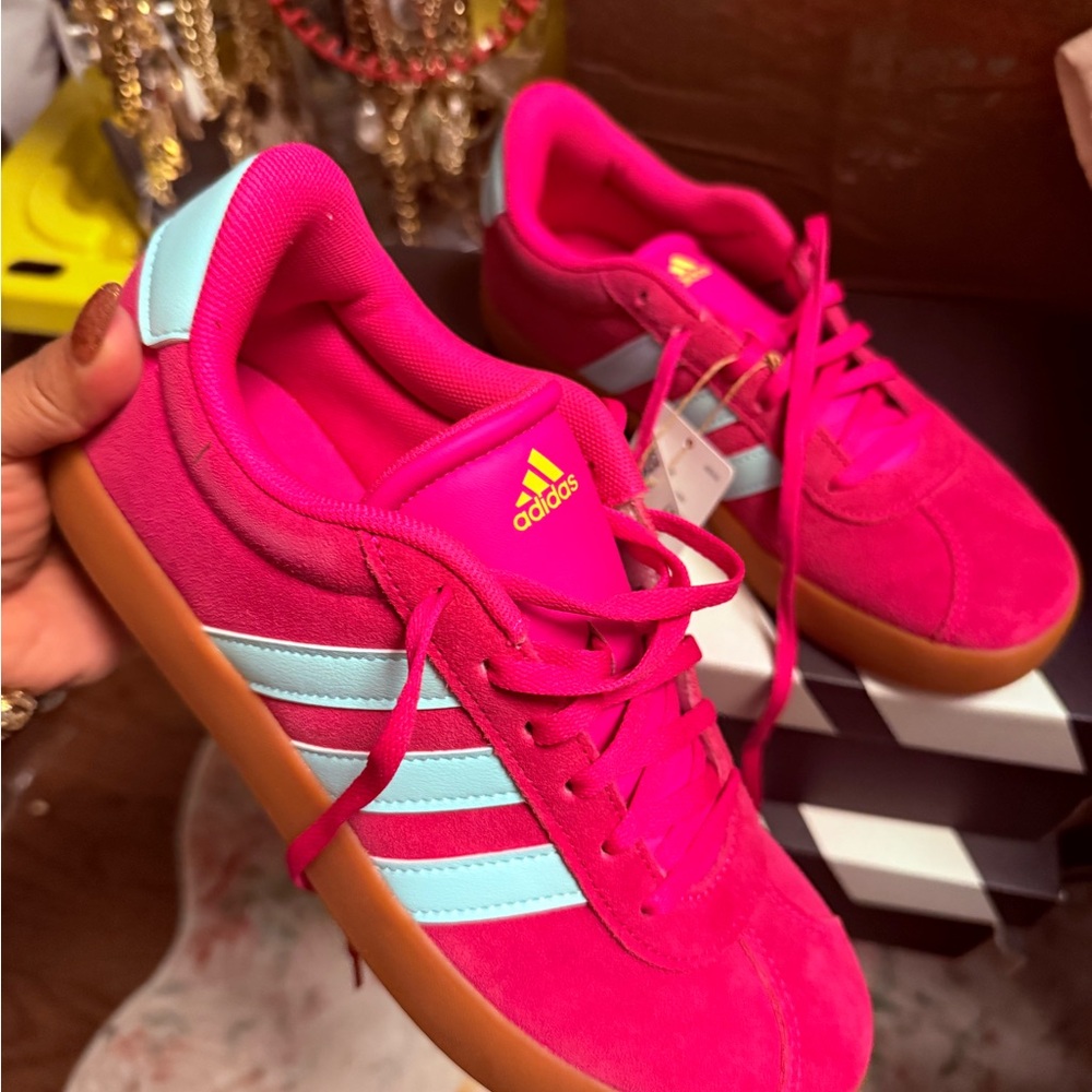 adidas Women's Hot Pink Suede Sneakers with Light Blue Stripes and Gum Sole